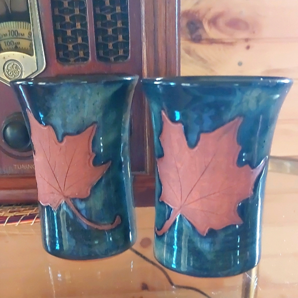 Handcrafted Teal Ceramic Mug with PEI Red Sand Maple Leaf - Set of 2